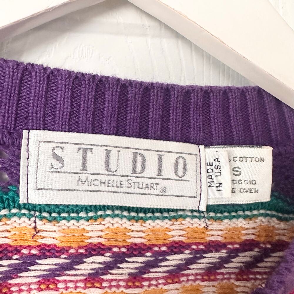 Studio Michelle Stuart USA Yellow Purple Pink Pointelle Stripe Sweater Small 80s - Picture 5 of 9